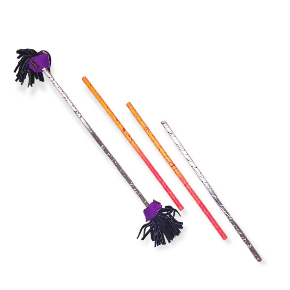 Set of 4 Lunastix Juggling Flower Baton Sticks with Leather Fringe Orange Black